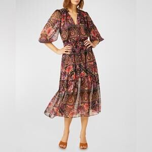 MISA Los Angeles Olivia Puff Sleeve Floral Chiffon Midi Dress Multicolor Small